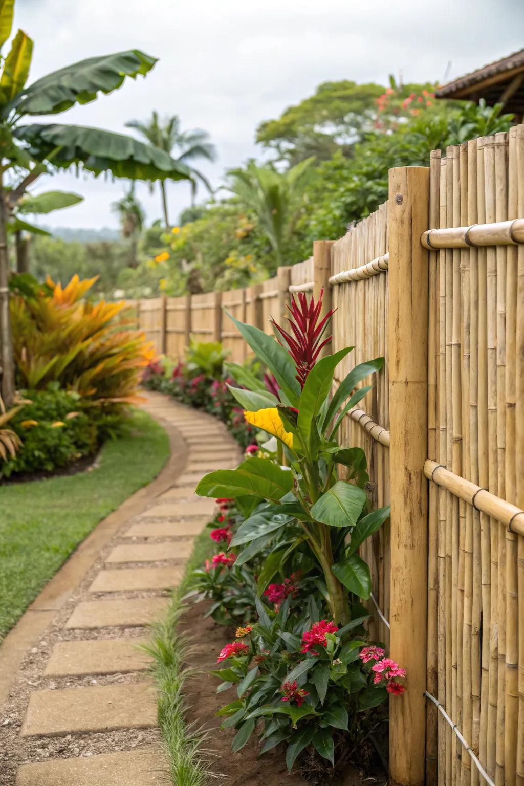 A bamboo fence infuses the garden with an exotic flair.