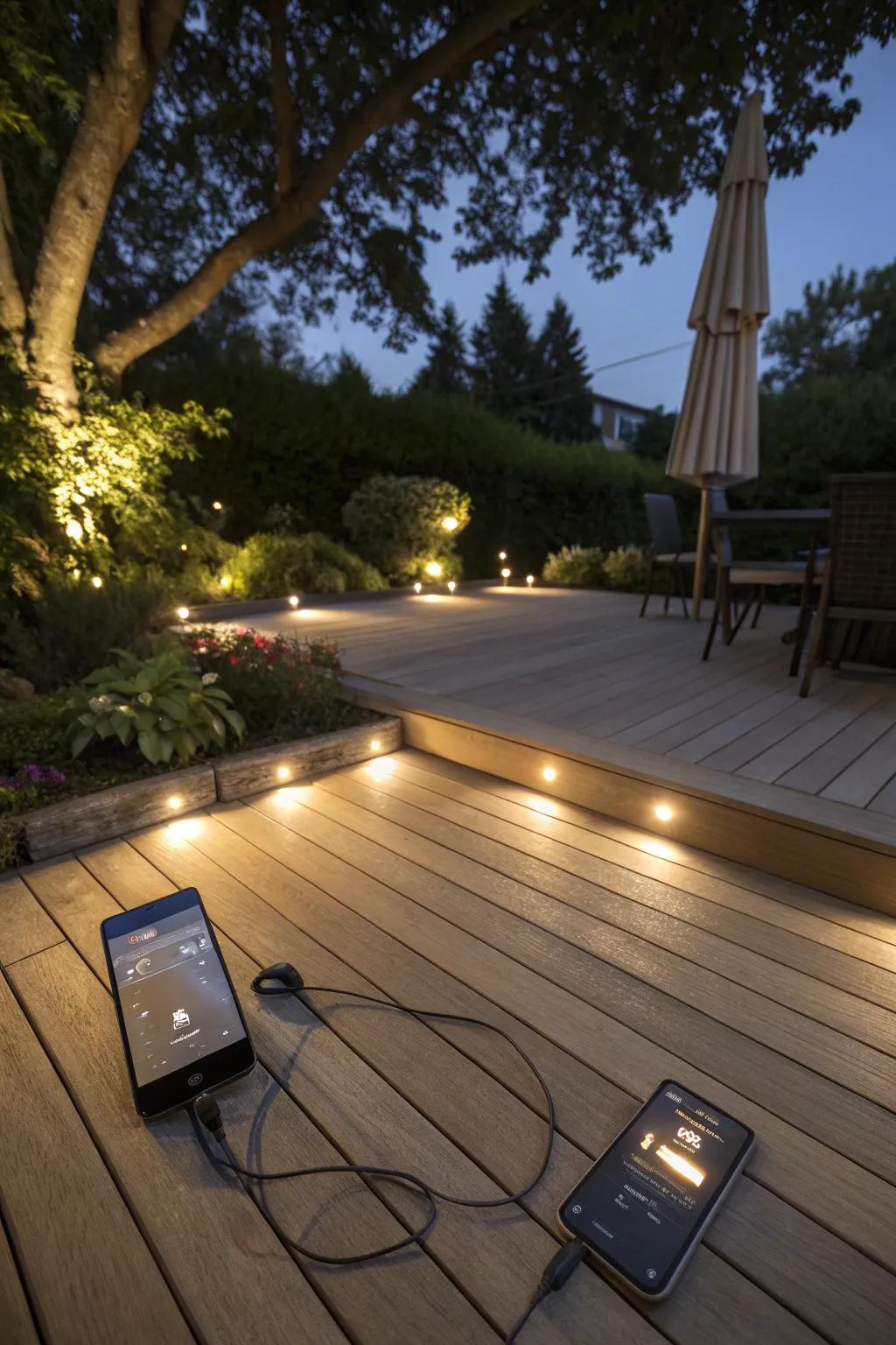 Effortlessly adjust your deck's ambiance with smart lighting.