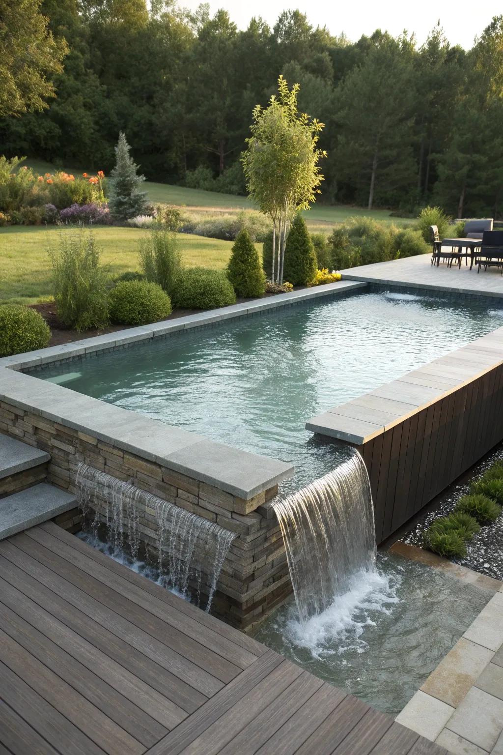 Water features bring a serene ambiance to your pool deck.