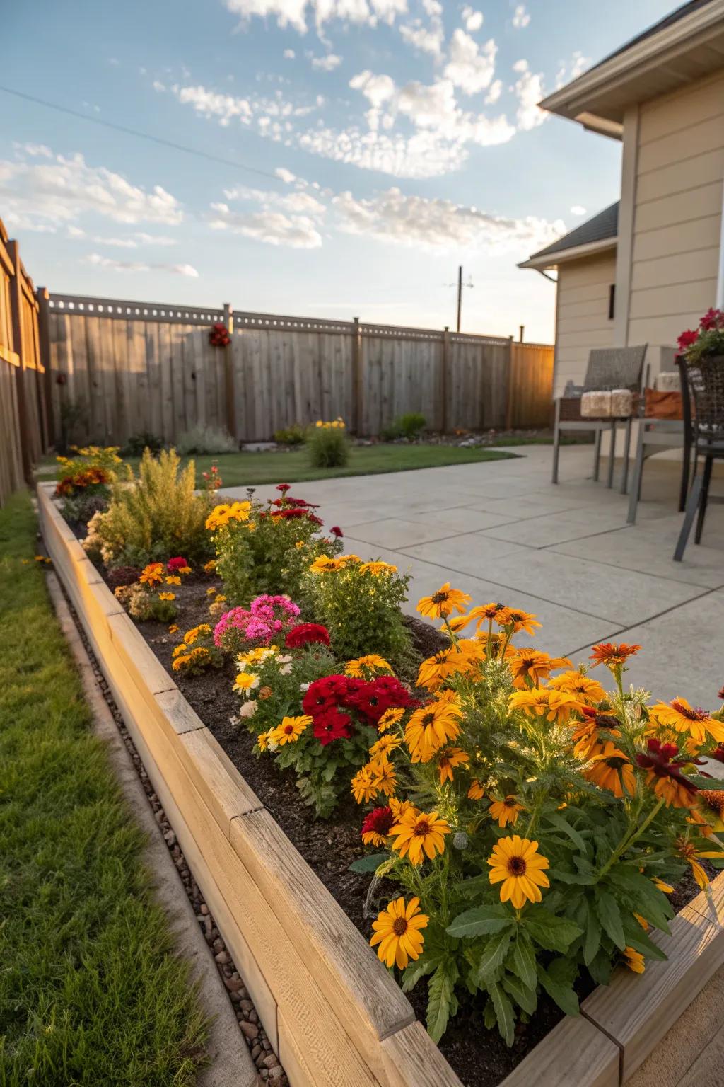 A vibrant symphony of sun-loving flowers in a rectangular garden bed.