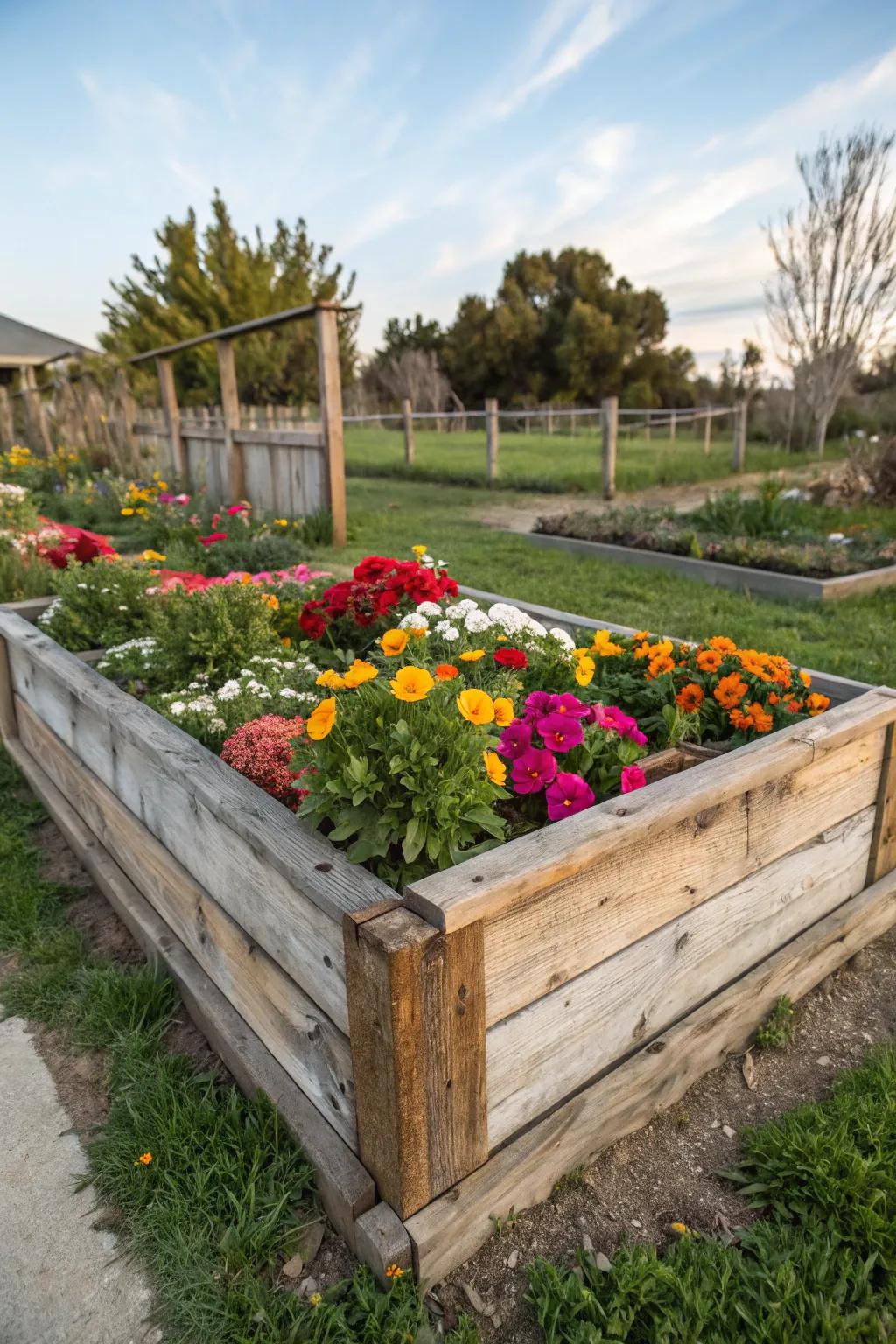 A rustic flower bed made from reclaimed wood, bursting with life.