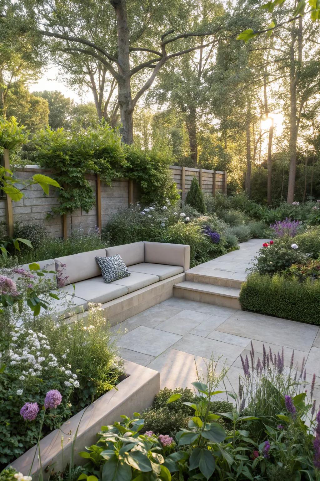 Sunken seating offers a cozy nook in a rectangular garden