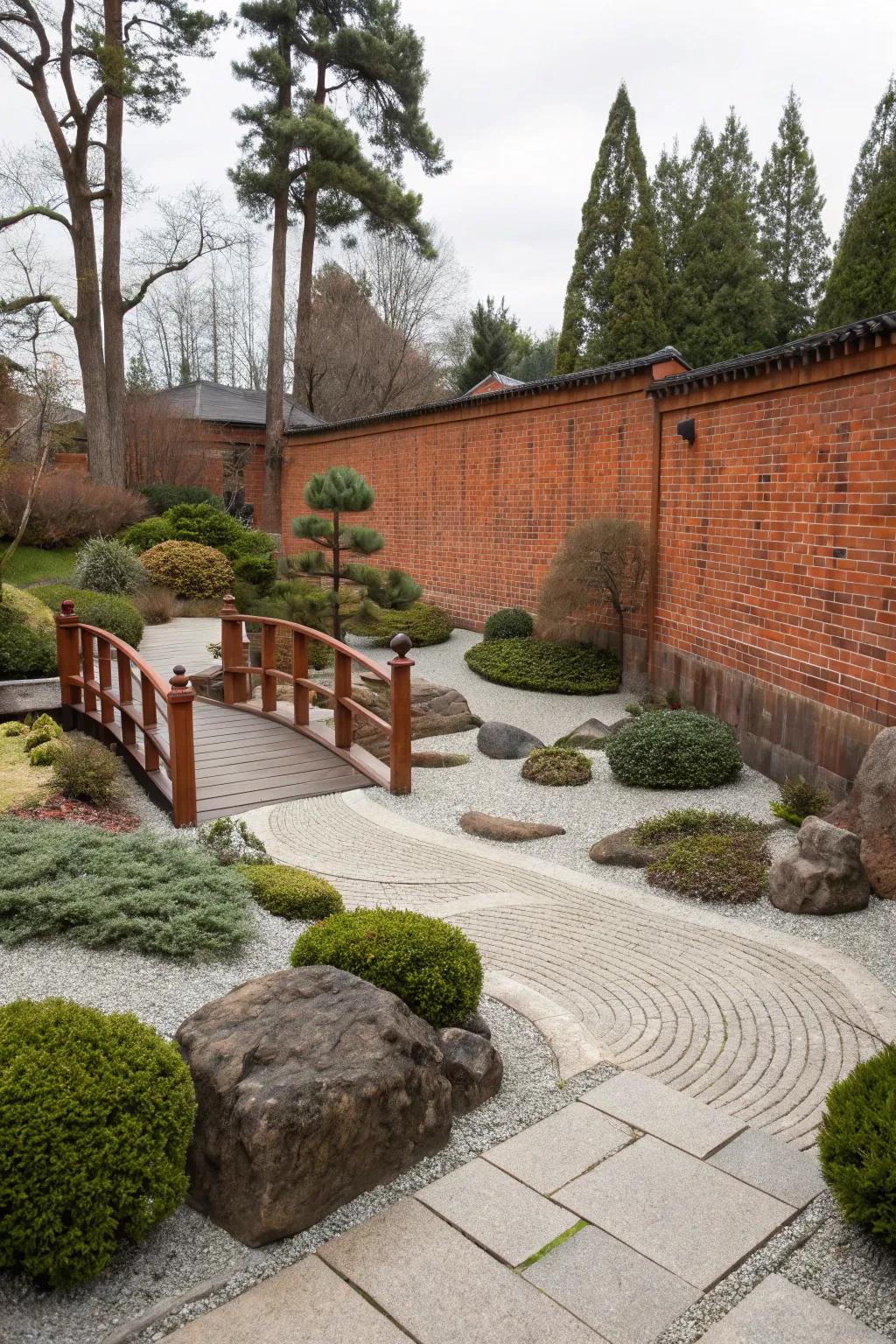 A peaceful Zen retreat framed by red bricks.