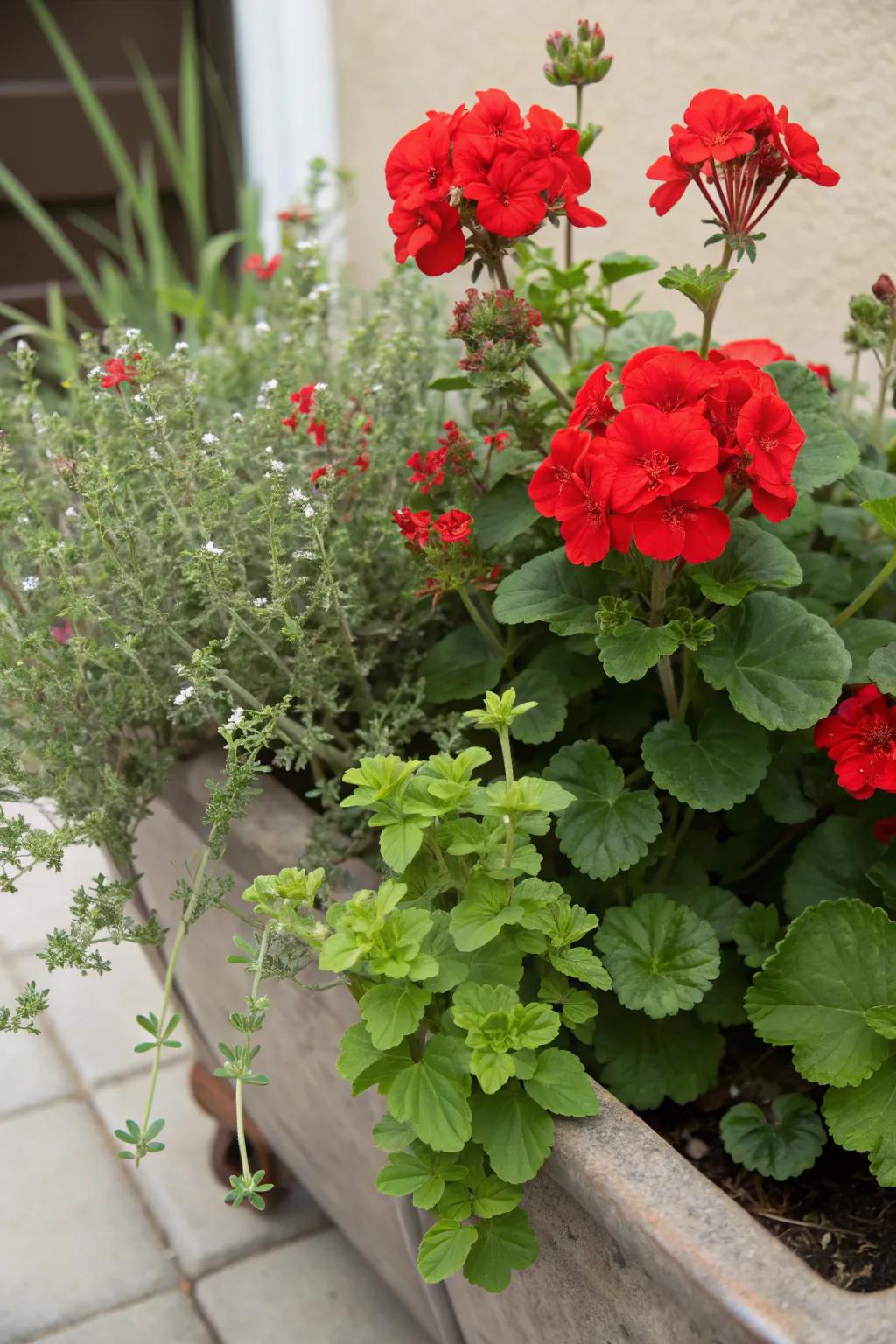 Aromatic oregano provides a fragrant and colorful contrast to red geraniums.