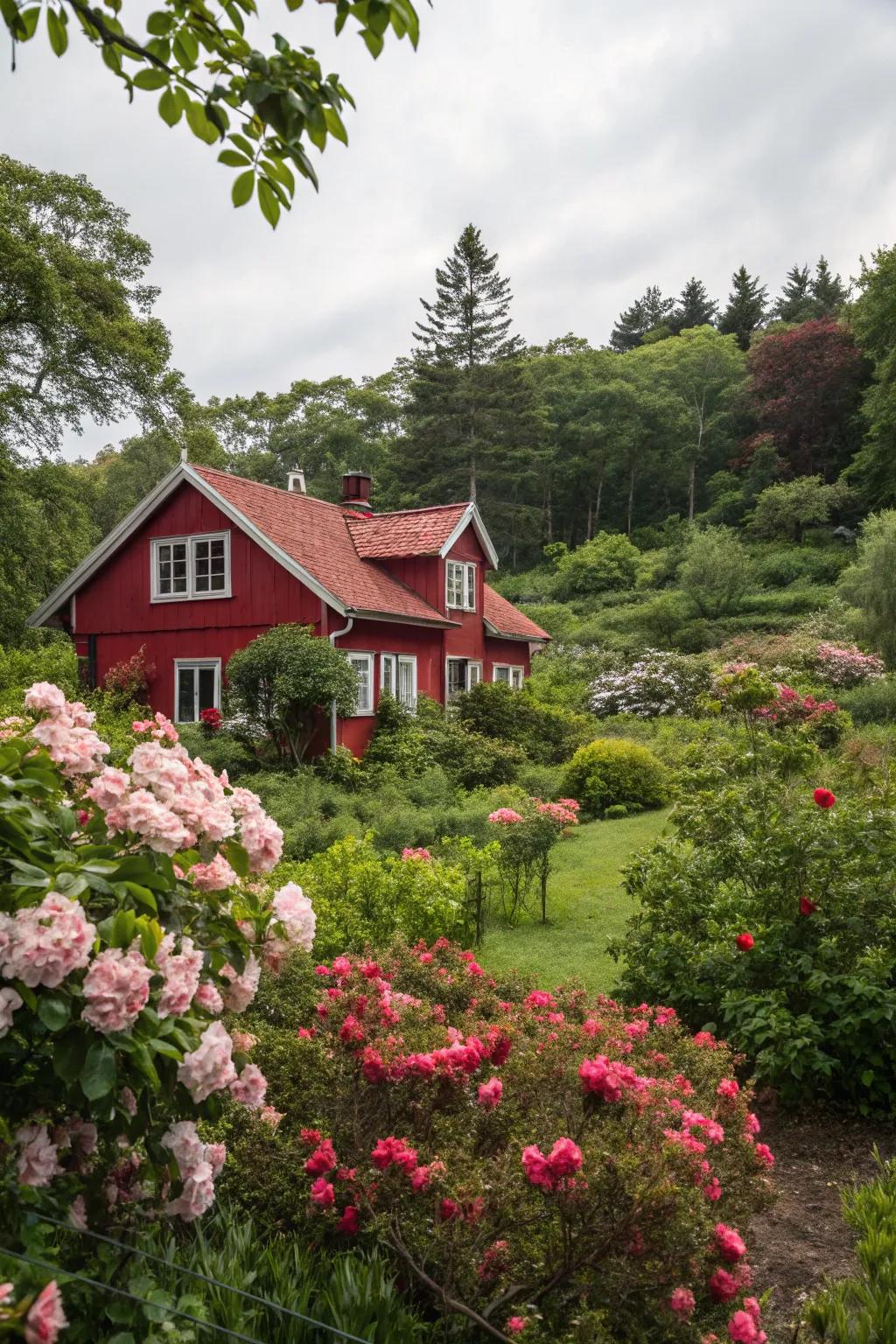 Lively vibrancy with red and abundant greenery.