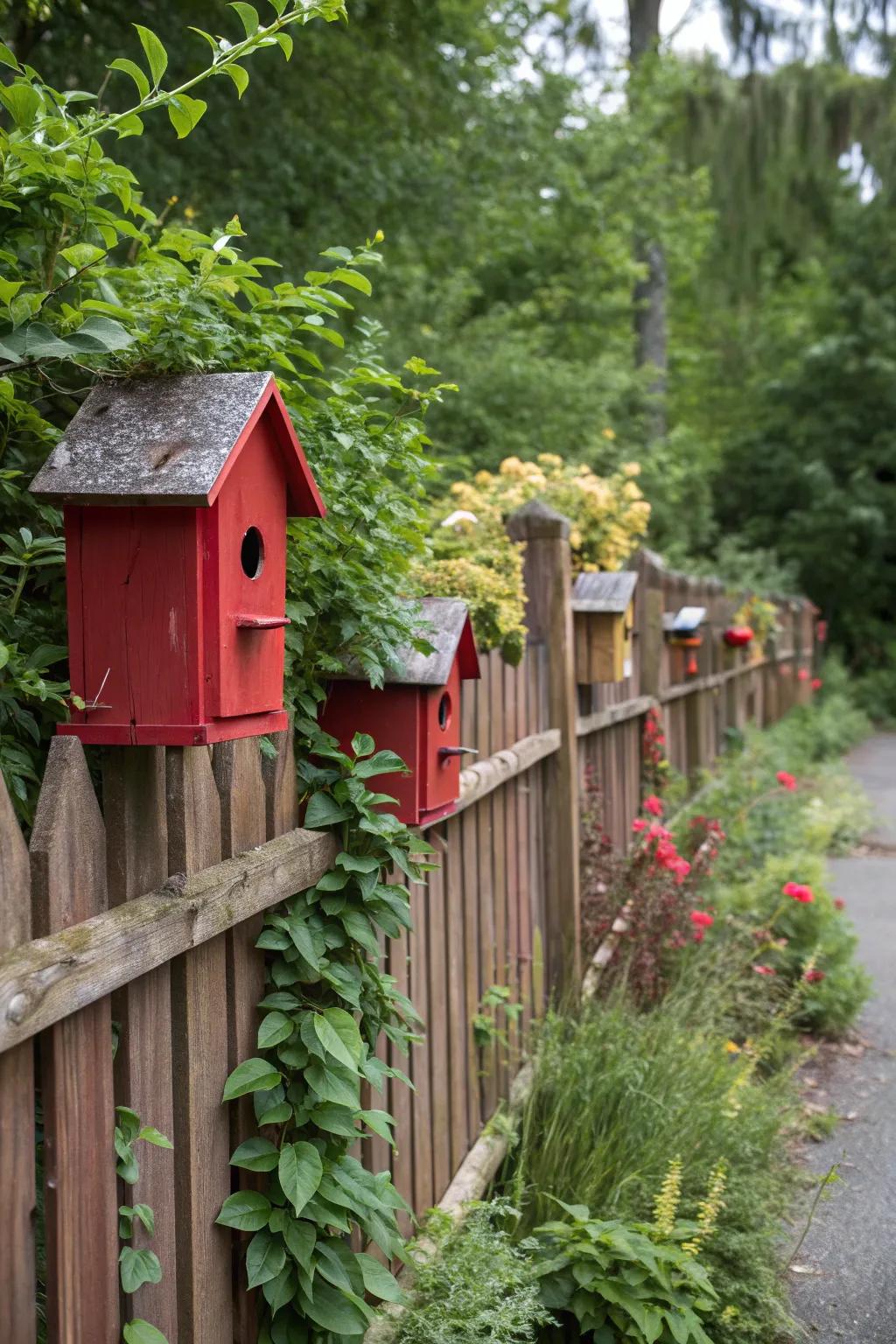 Red birdhouses adding charm and color while attracting birds.