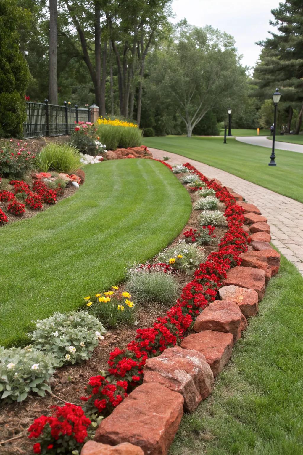 Red rock borders neatly define and separate garden areas.