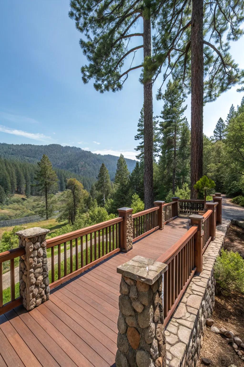 Ground your deck with natural stone and wood railings.