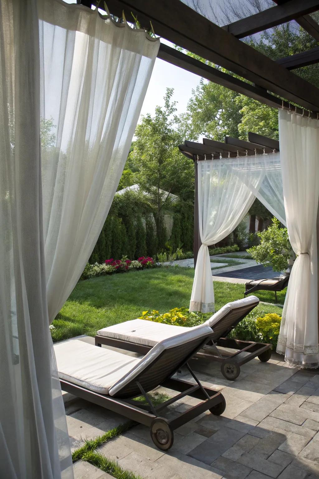 Chaise lounges offer luxury and comfort for outdoor relaxation.