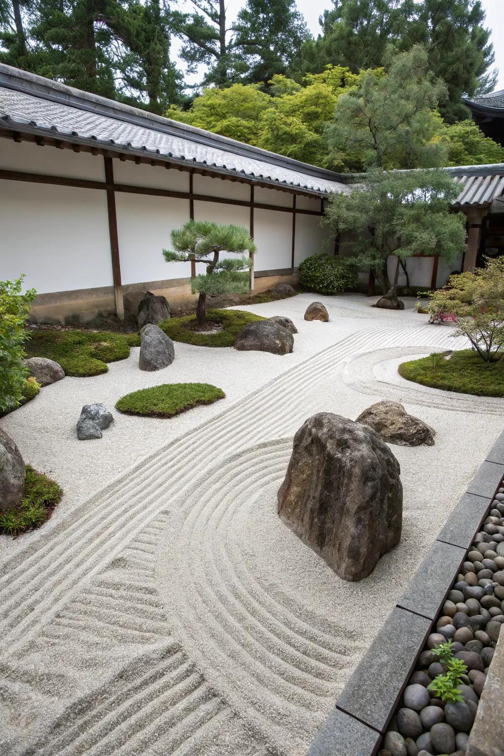 A Zen garden provides a space for contemplation.