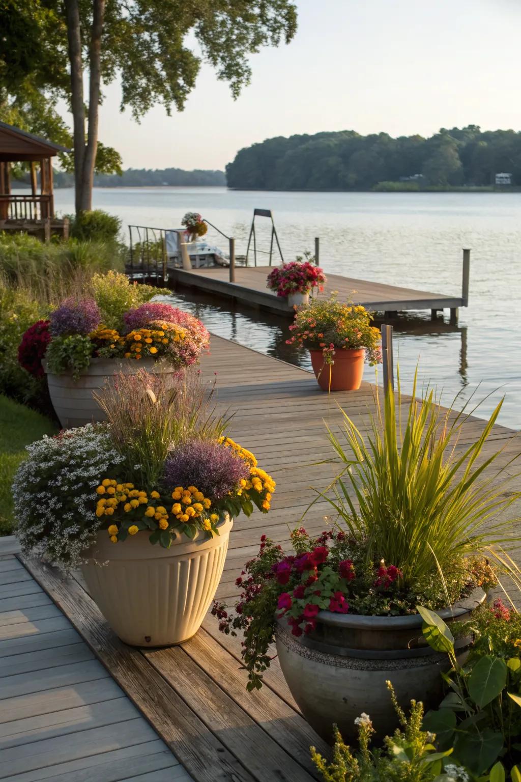 A blooming dockside garden on a residential lake, adding color and life.