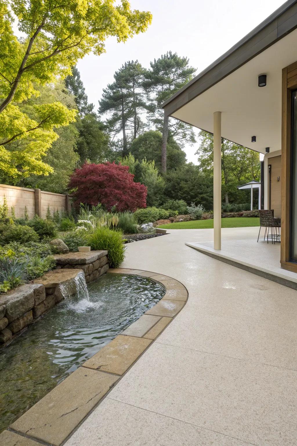 A calming resin patio enhanced by a beautiful water feature.