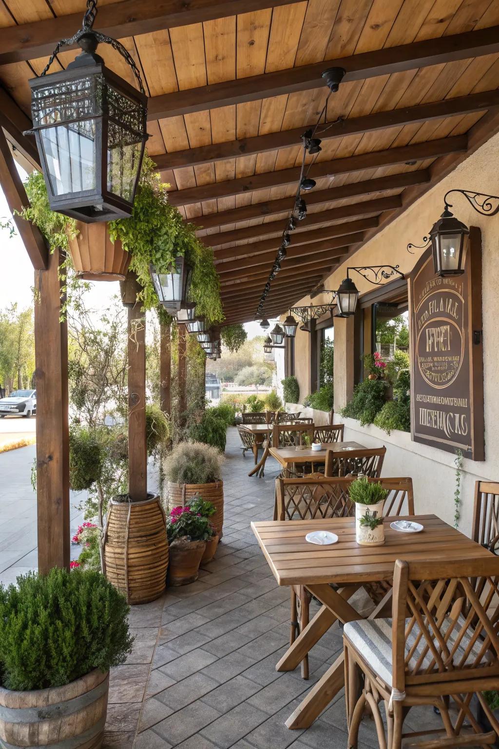 A charming patio with a rustic wooden cover.