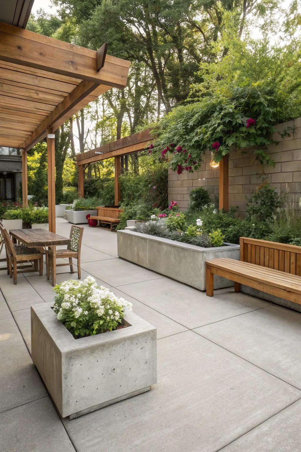 Wood accents add warmth and contrast to concrete surfaces.