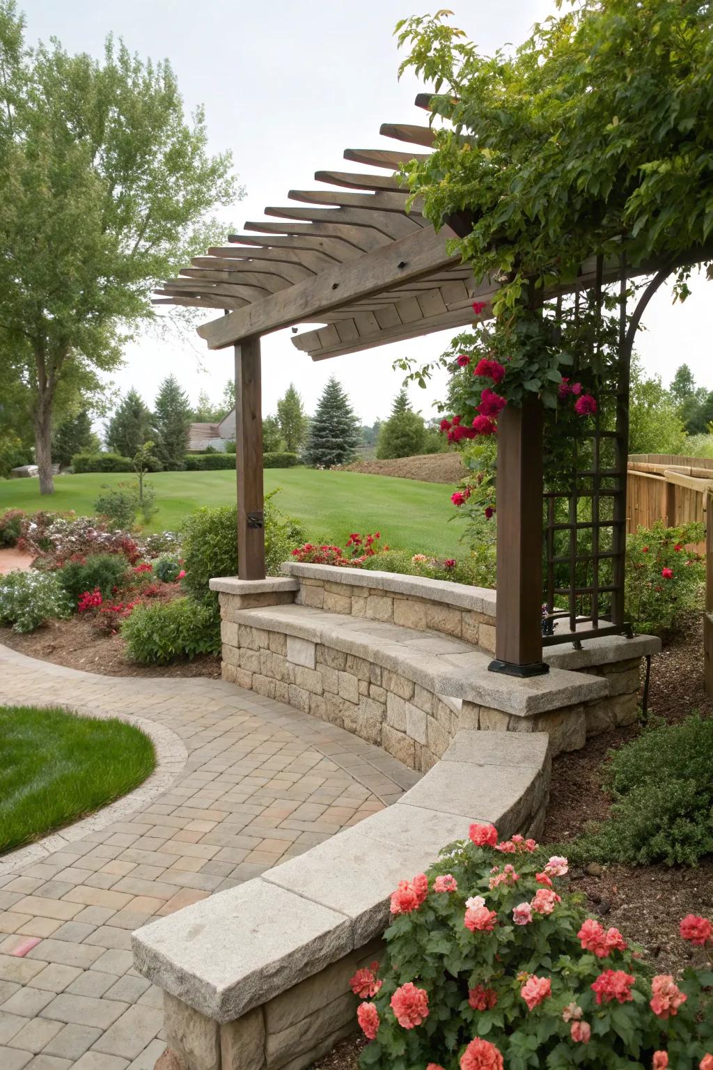 A pergola offers shade and elegance to any seating area.