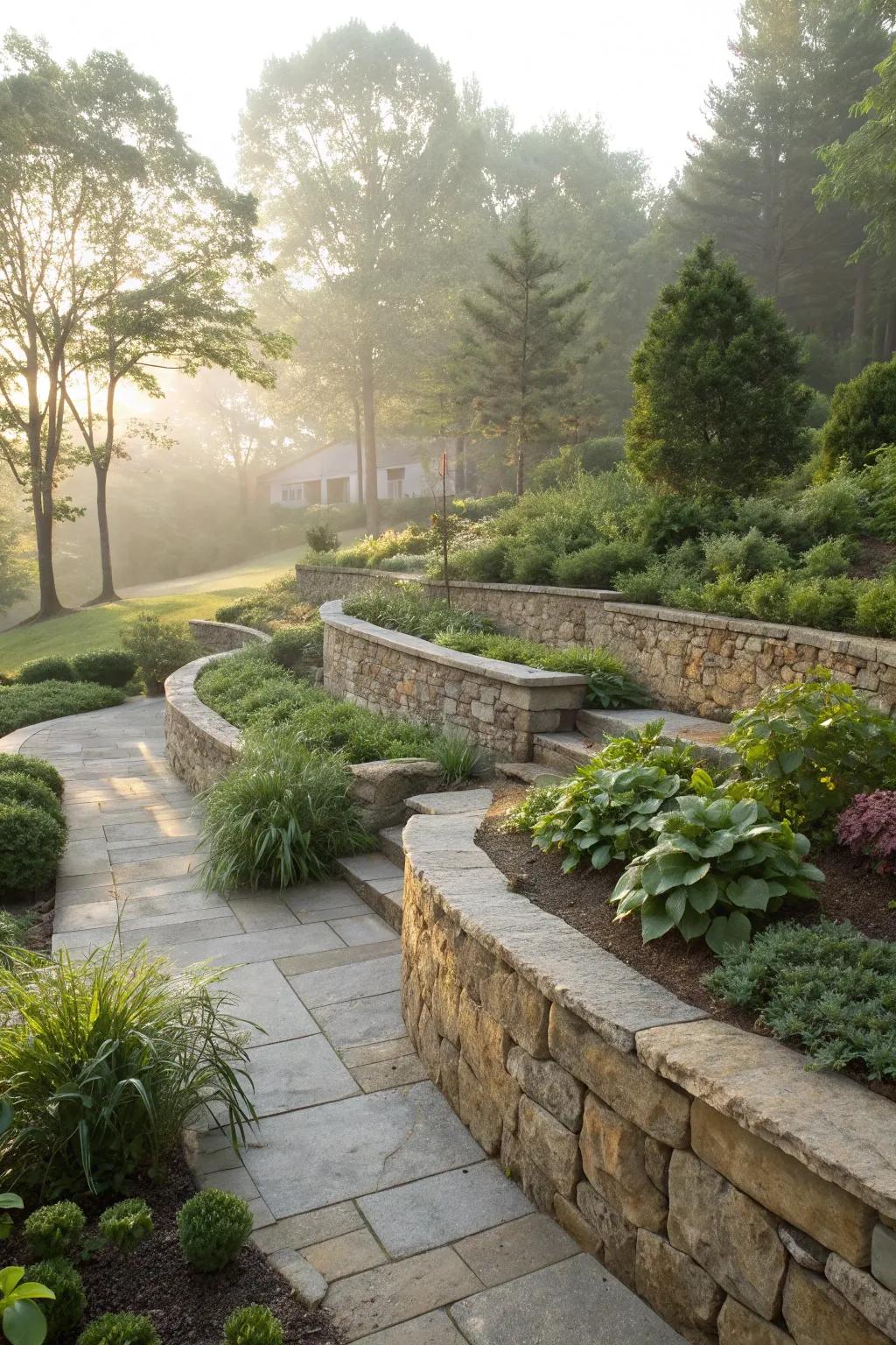 Natural stone edging provides a seamless and natural finish.