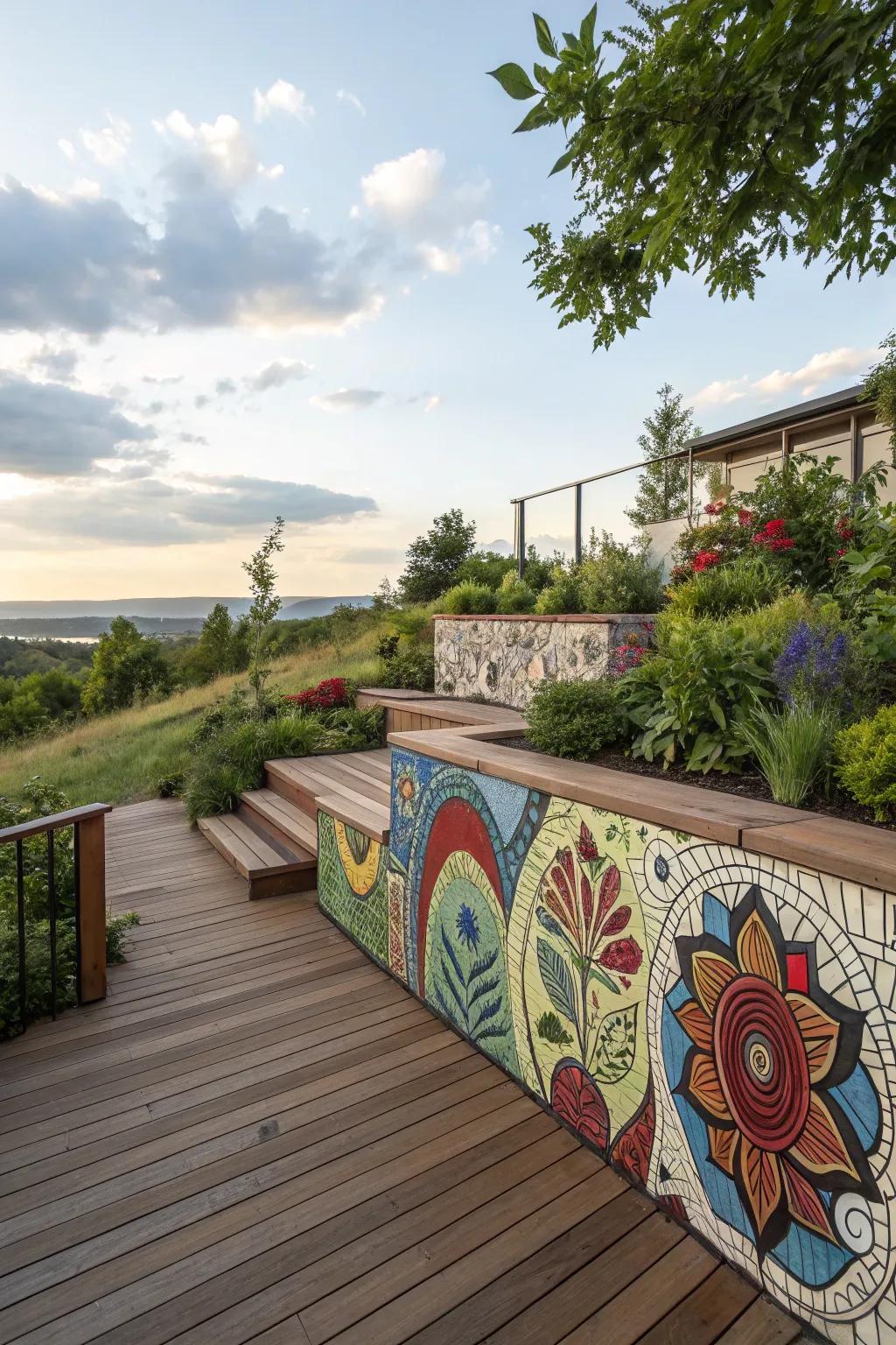 Artistic designs on retaining walls create a visual focal point.