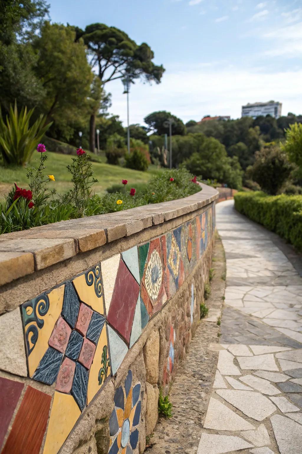 Mosaic finishes add artistic flair to retaining walls.