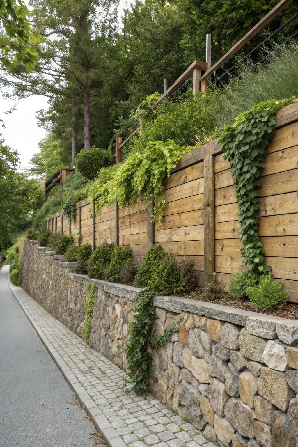 A retaining wall that creatively combines wood and stone for a unique look.