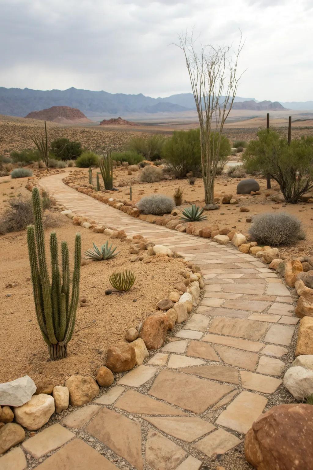 A striking desert oasis ribbon driveway with sandstone strips and a cactus garden center.