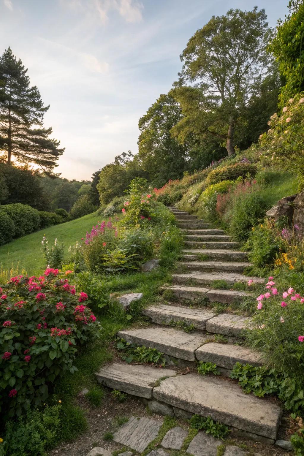 Naturally integrated garden steps using riprap stones for navigating slopes.