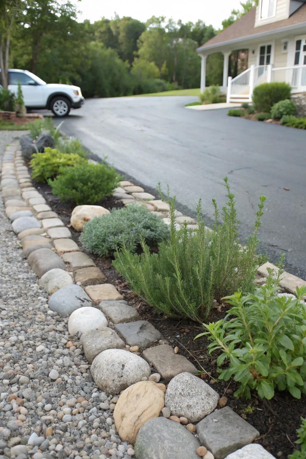 Functional driveway border with river rocks and edible herbs.