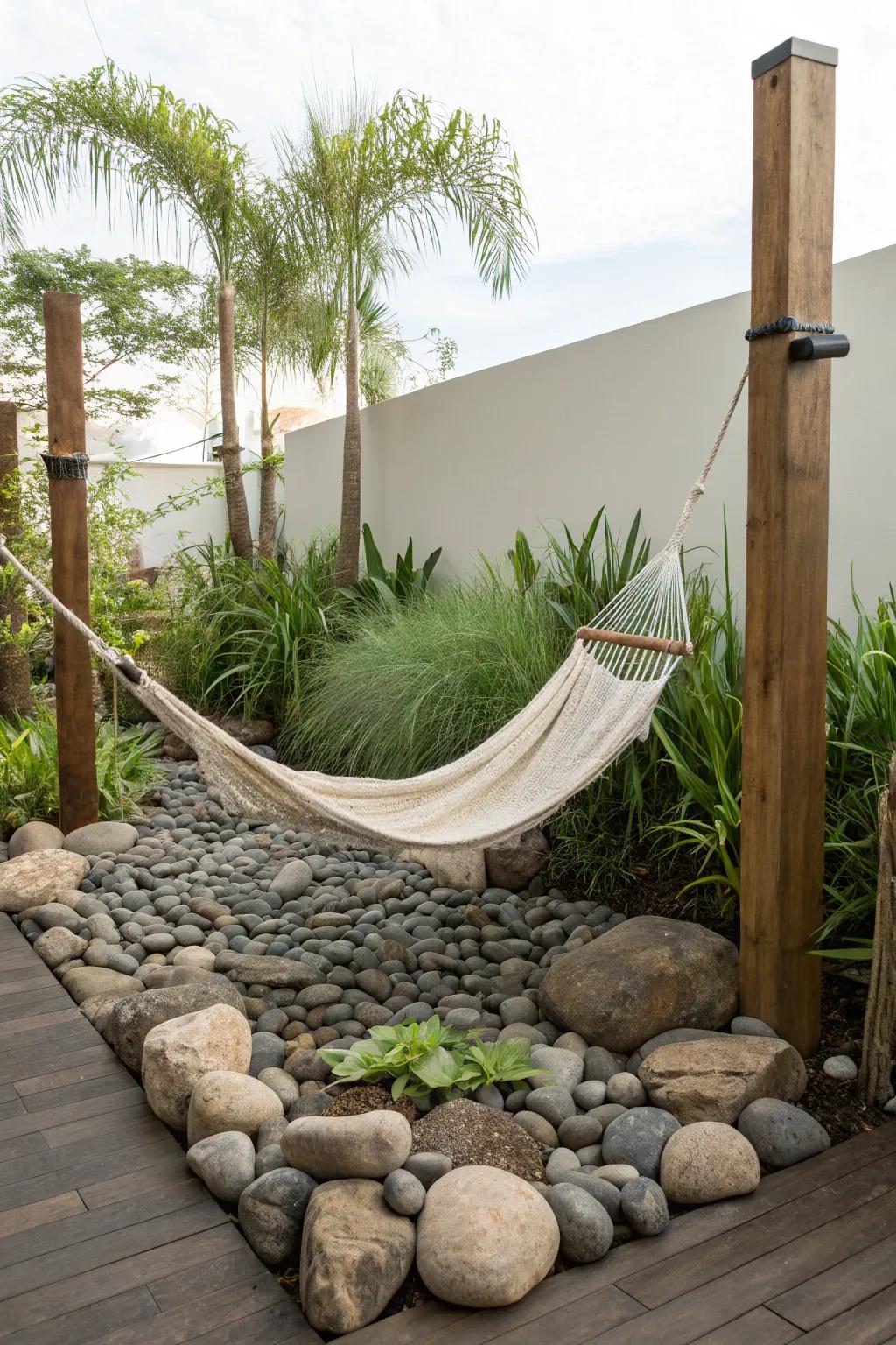 Create a peaceful retreat with a rocky relaxation zone.