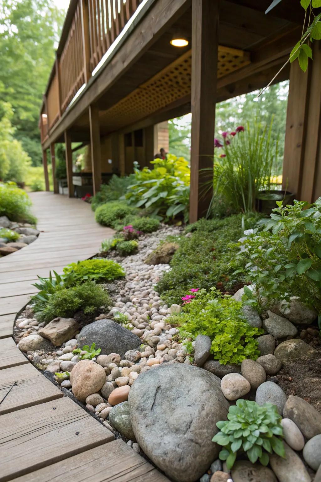 Miniature garden with river rocks under the deck.