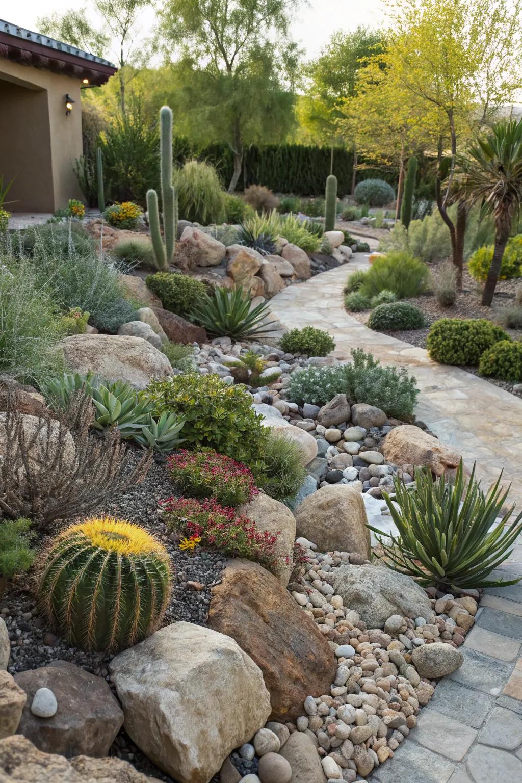 River rocks in a xeriscape garden for water efficiency.