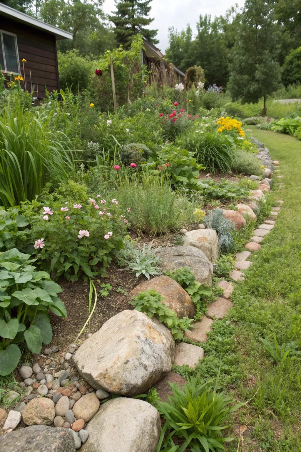 Sustainable rock edging in eco-conscious garden