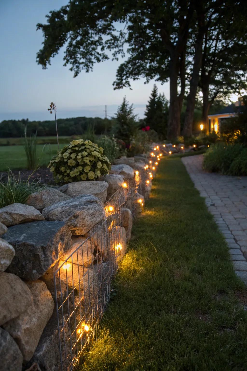 A glowing rock fence illuminated by solar lights for nighttime enchantment.