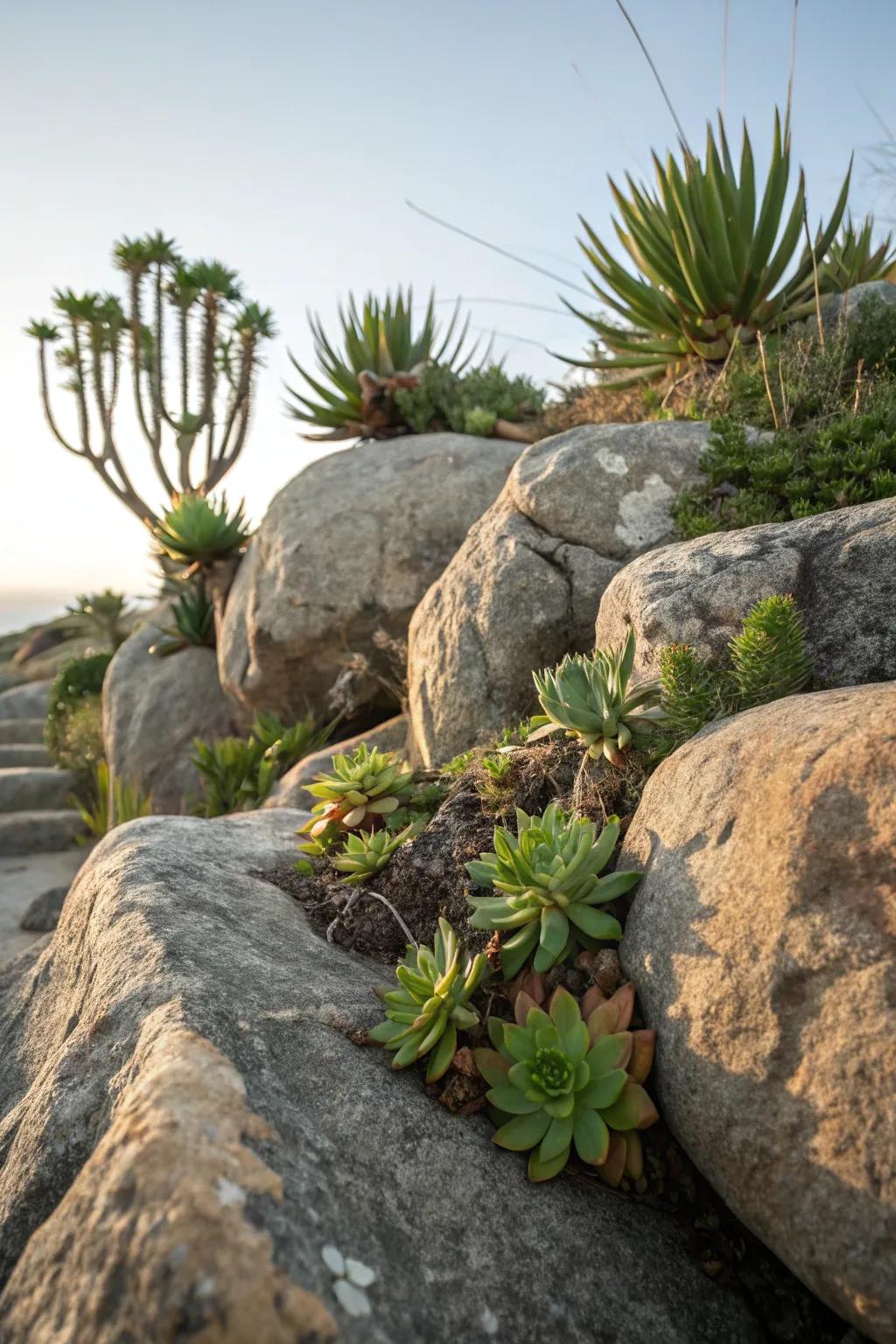 Plant pockets in rocks create a unique and creative garden feature.