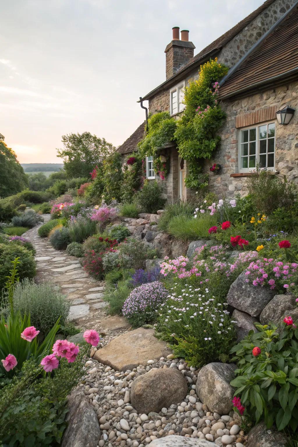 An English cottage garden adds charm and nostalgia.