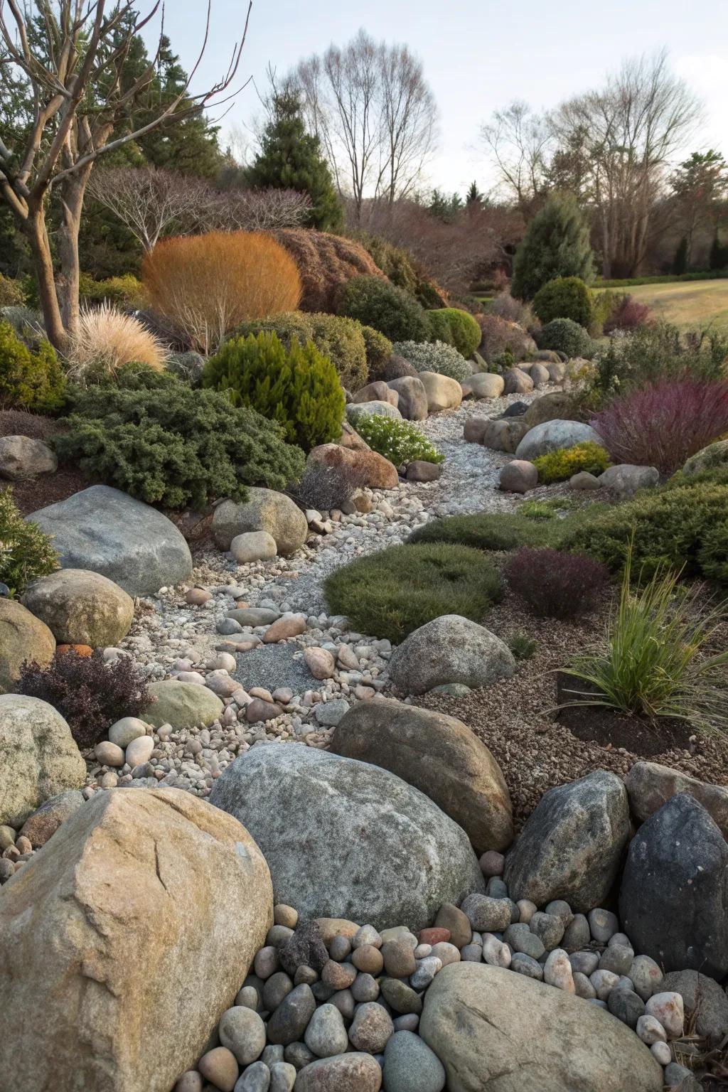 A play of textures with rocks adds depth and intrigue to the garden.
