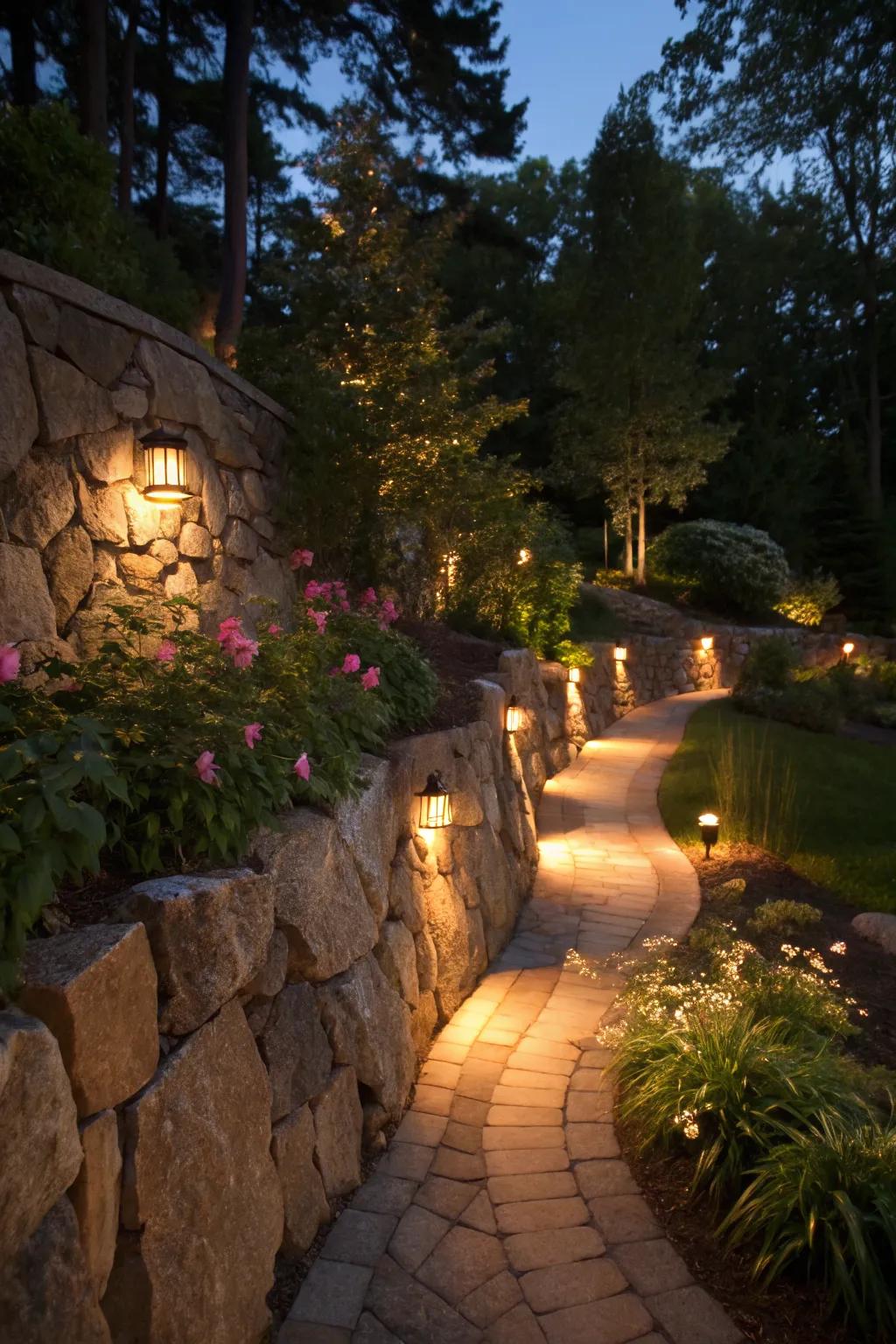 Illuminate rock walls to create a magical garden atmosphere.