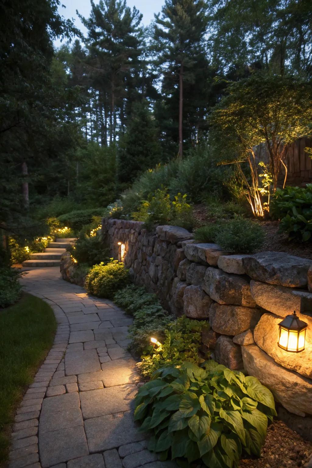 Lighting transforms rock wall gardens into enchanting evening spaces.