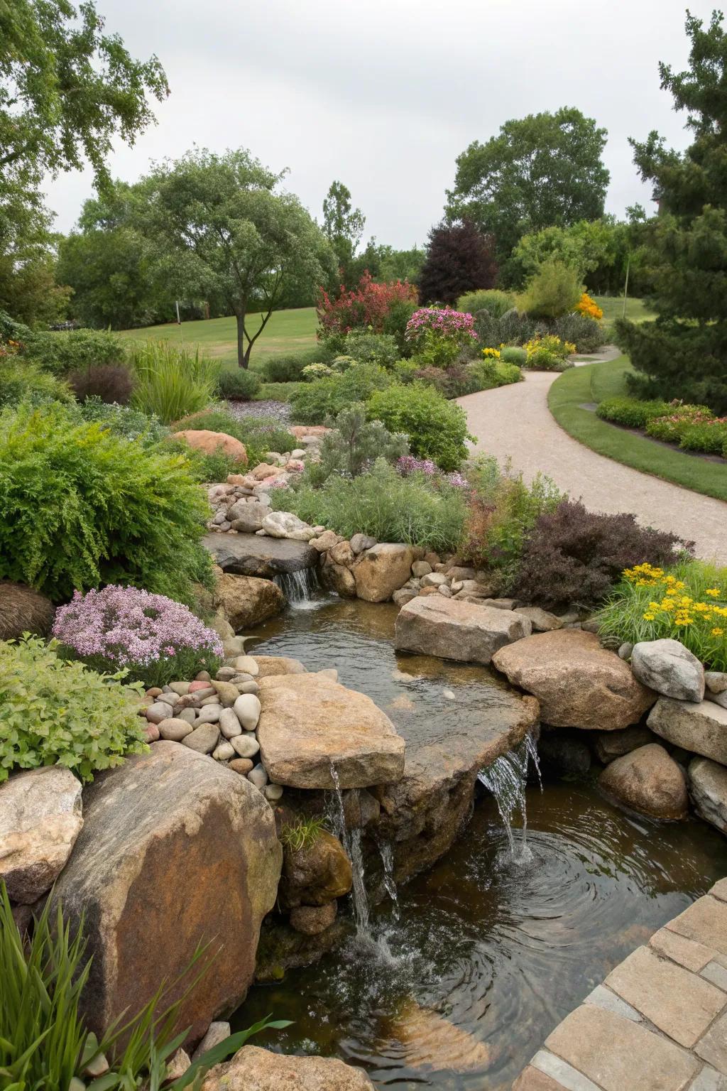 Multi-textured rocks add depth and interest to water features.