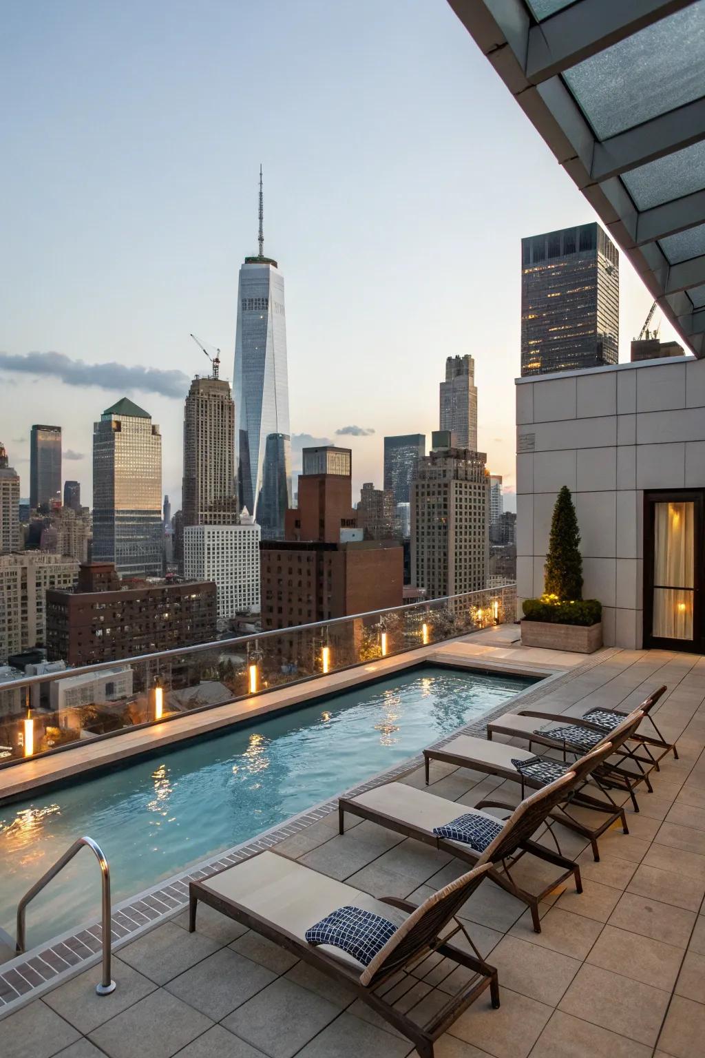 A rooftop deck featuring a refreshing pool oasis.