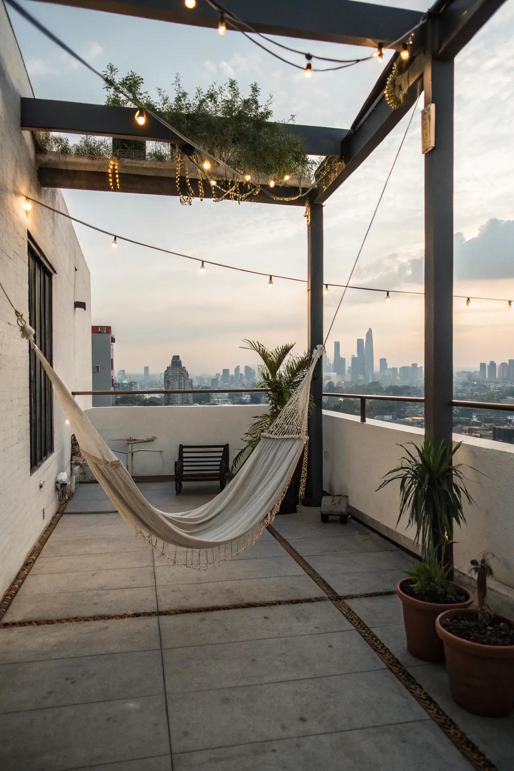 A hammock offering a serene spot to unwind on the rooftop.