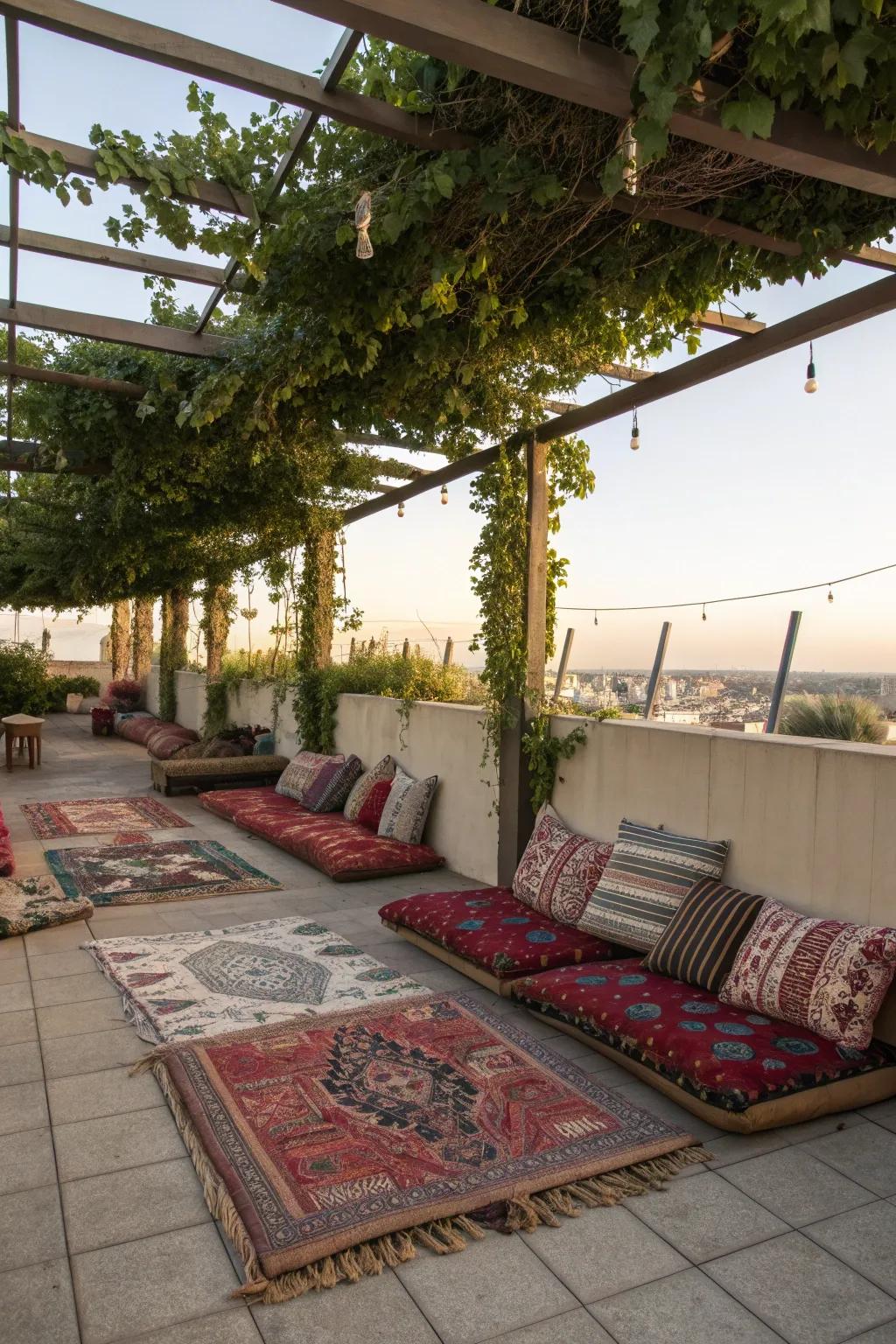 Colorful accents bring vibrancy and personality to the pergola.