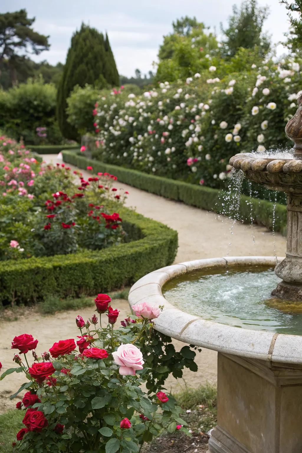 A tranquil water feature surrounded by roses creates a peaceful garden retreat.