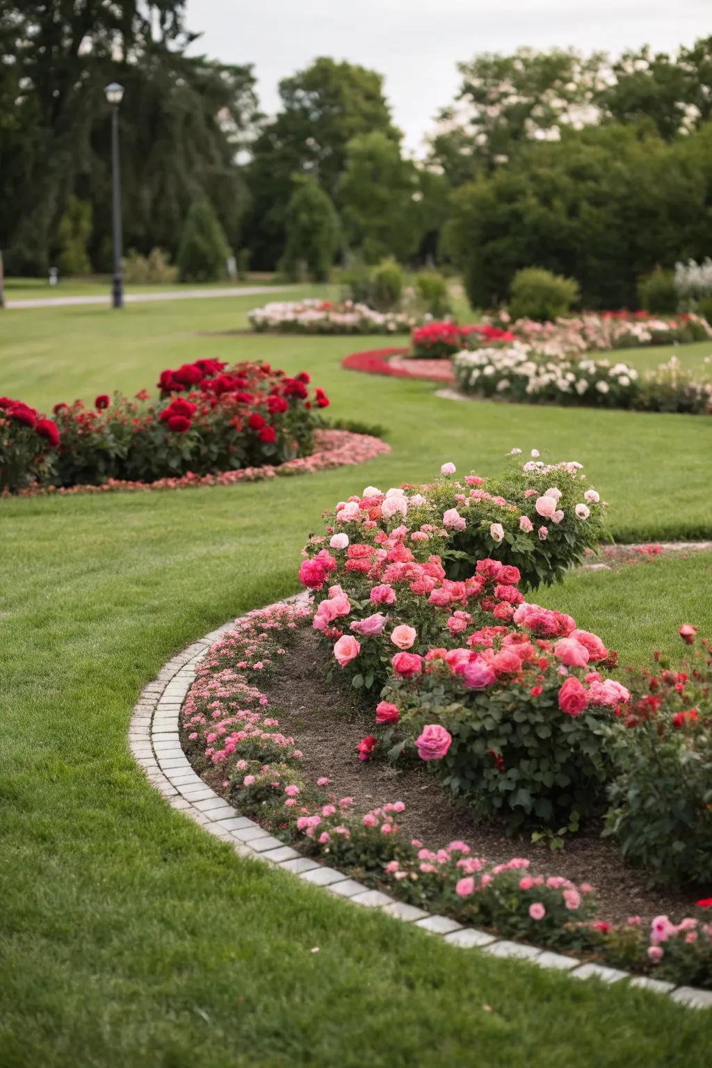 Rose islands making a bold statement on the lawn.