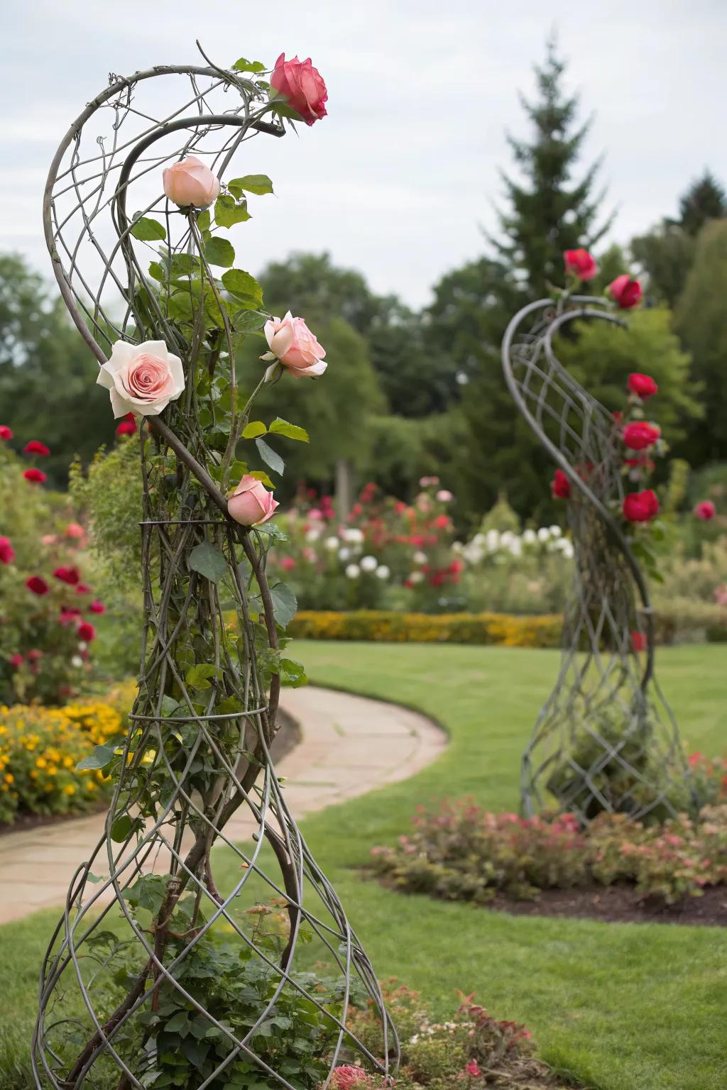 Artistic wire sculptures offering creative rose support.