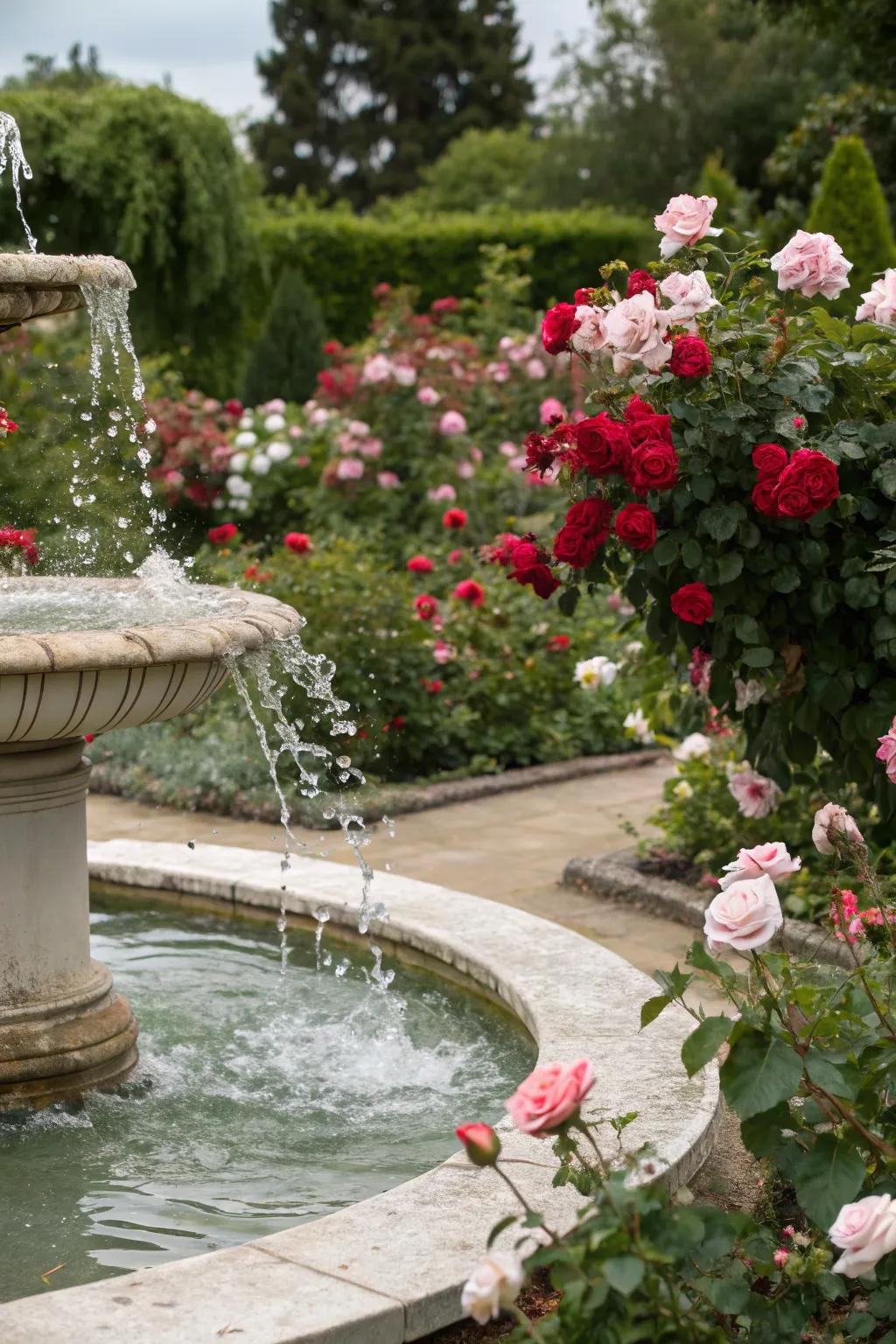 A water feature amidst roses creates a tranquil garden centerpiece.