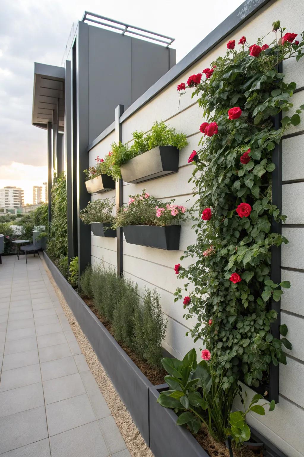 A modern twist with a vertical rose garden on wall planters.