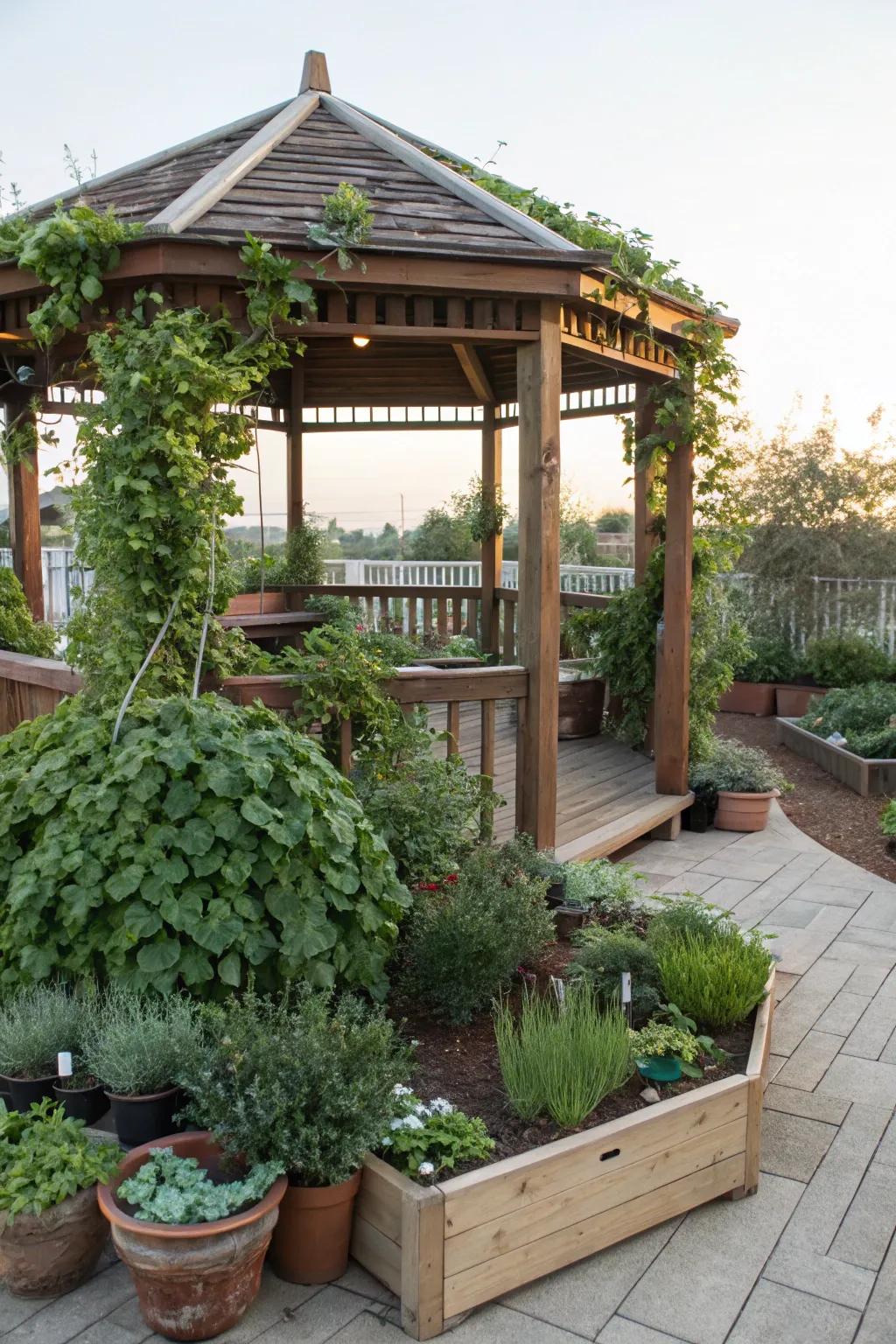 A round gazebo nestled within a fragrant herb garden.