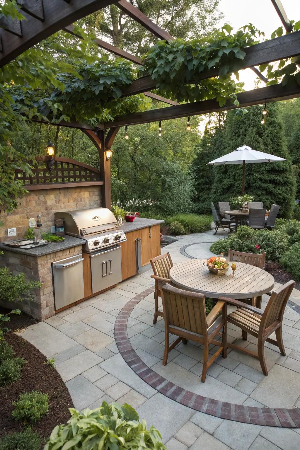 A round patio designed as an outdoor kitchen, perfect for culinary gatherings.