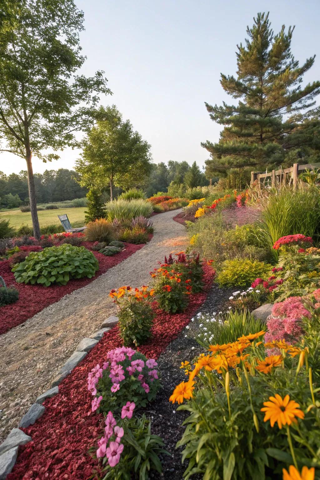 A vibrant showcase of seasonal plants highlighted with colorful rubber mulch.