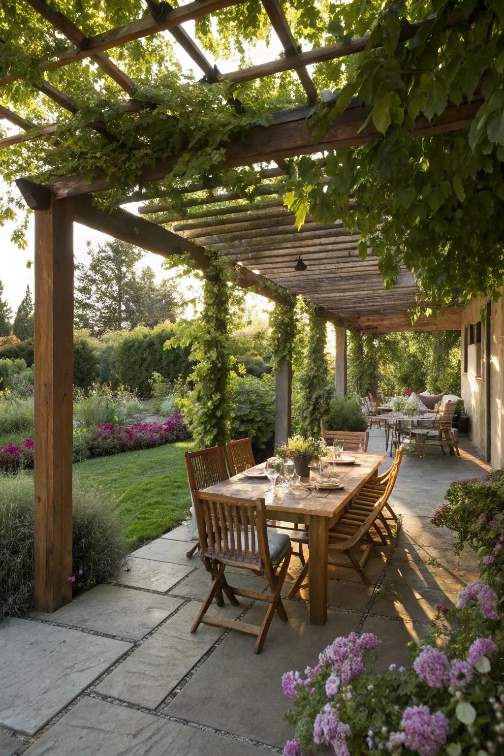 Pergolas add shade and style to outdoor living spaces.