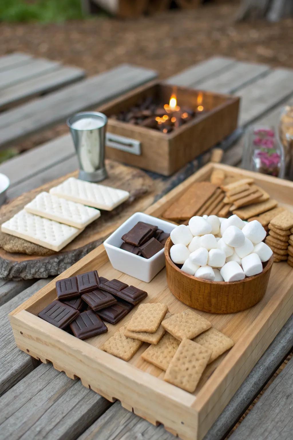 A delightful s'mores station for a rustic backyard wedding.